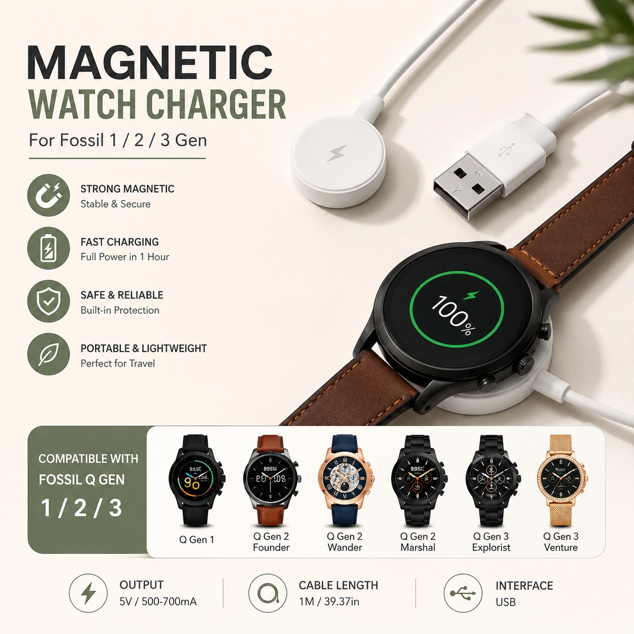 Fossil Watches Smartwatch Gen 3 - Adaptor Pengisi Daya Jam Tangan USB,